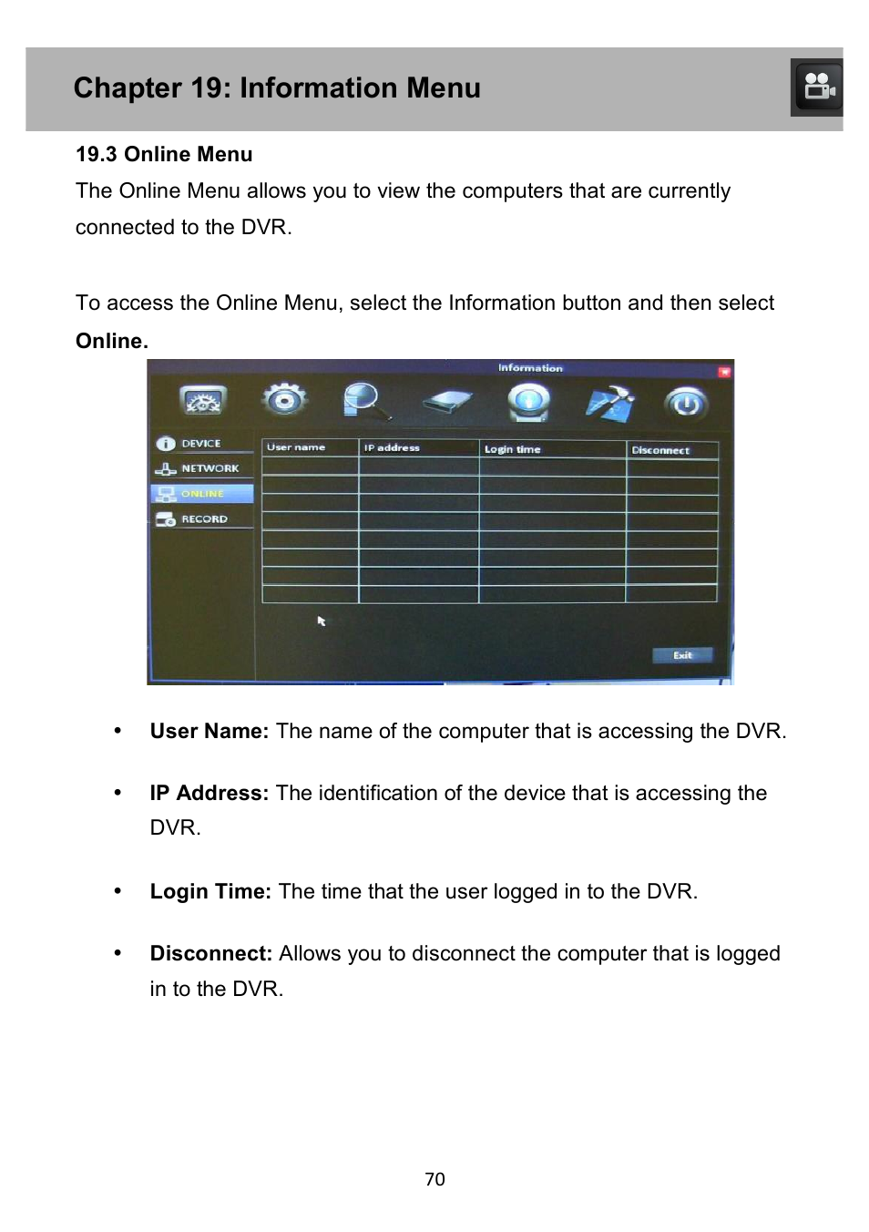Chapter 19: information menu | Night Owl PE-DVR4 user manual User Manual | Page 70 / 124