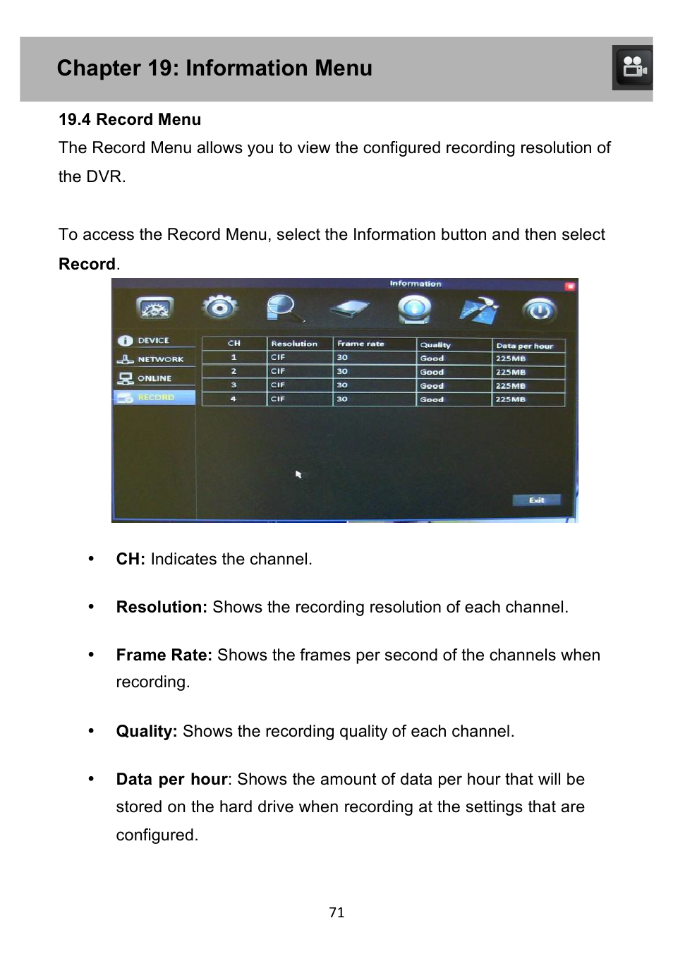Chapter 19: information menu | Night Owl PE-DVR4 user manual User Manual | Page 71 / 124