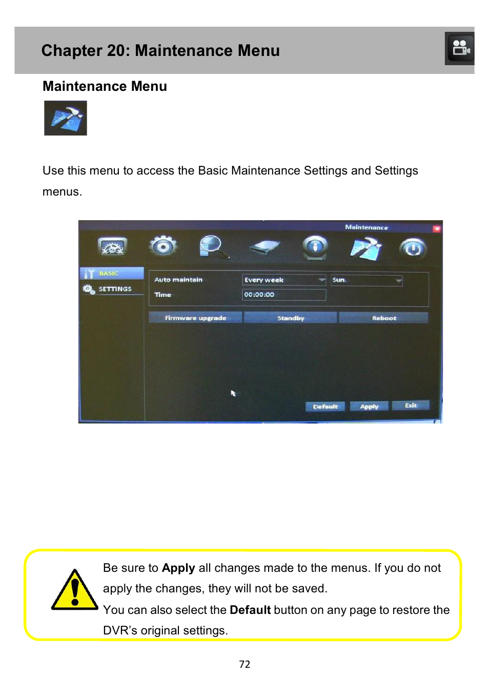 Chapter 20: maintenance menu, Maintenance menu | Night Owl PE-DVR4 user manual User Manual | Page 72 / 124