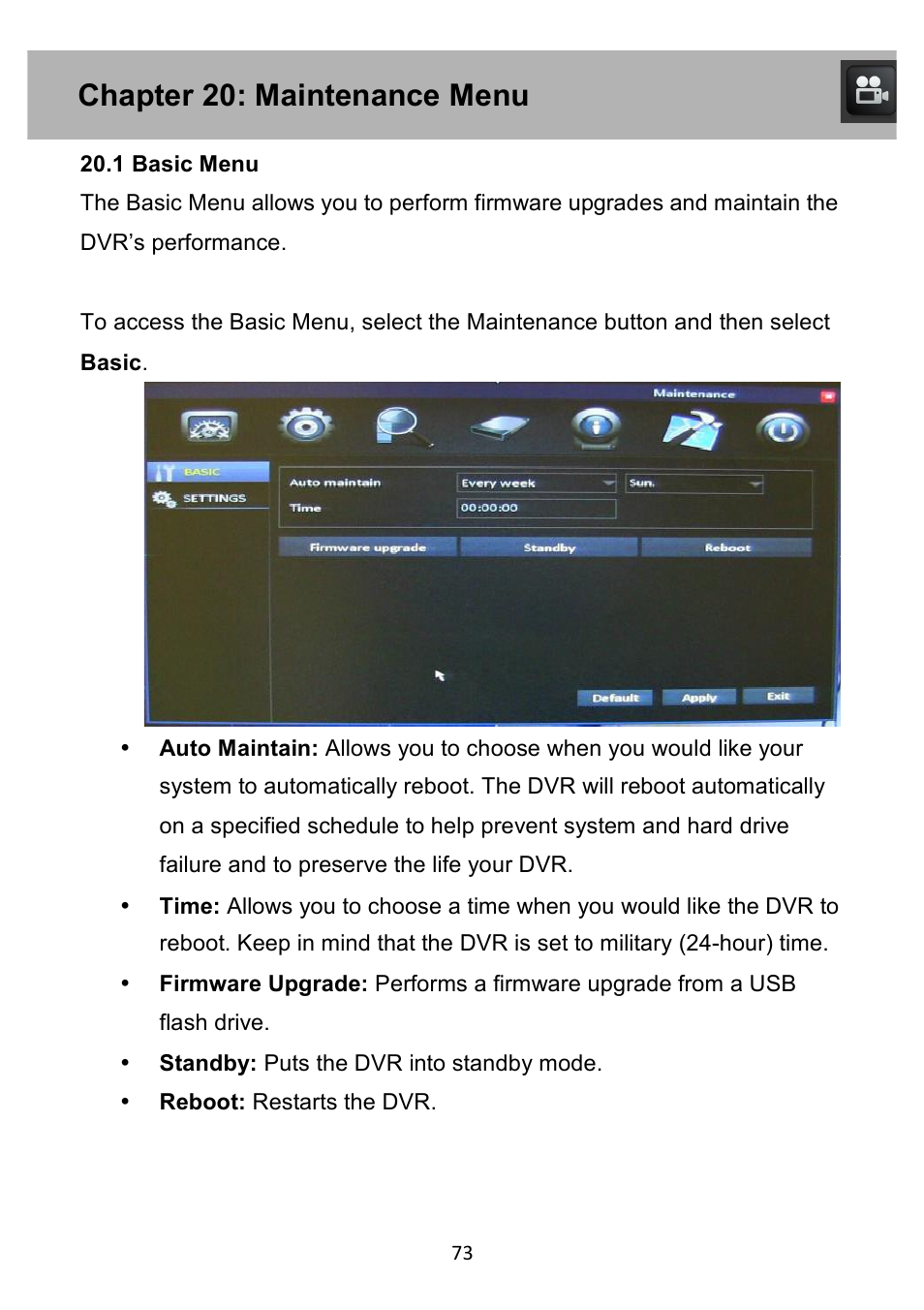 Chapter 20: maintenance menu | Night Owl PE-DVR4 user manual User Manual | Page 73 / 124