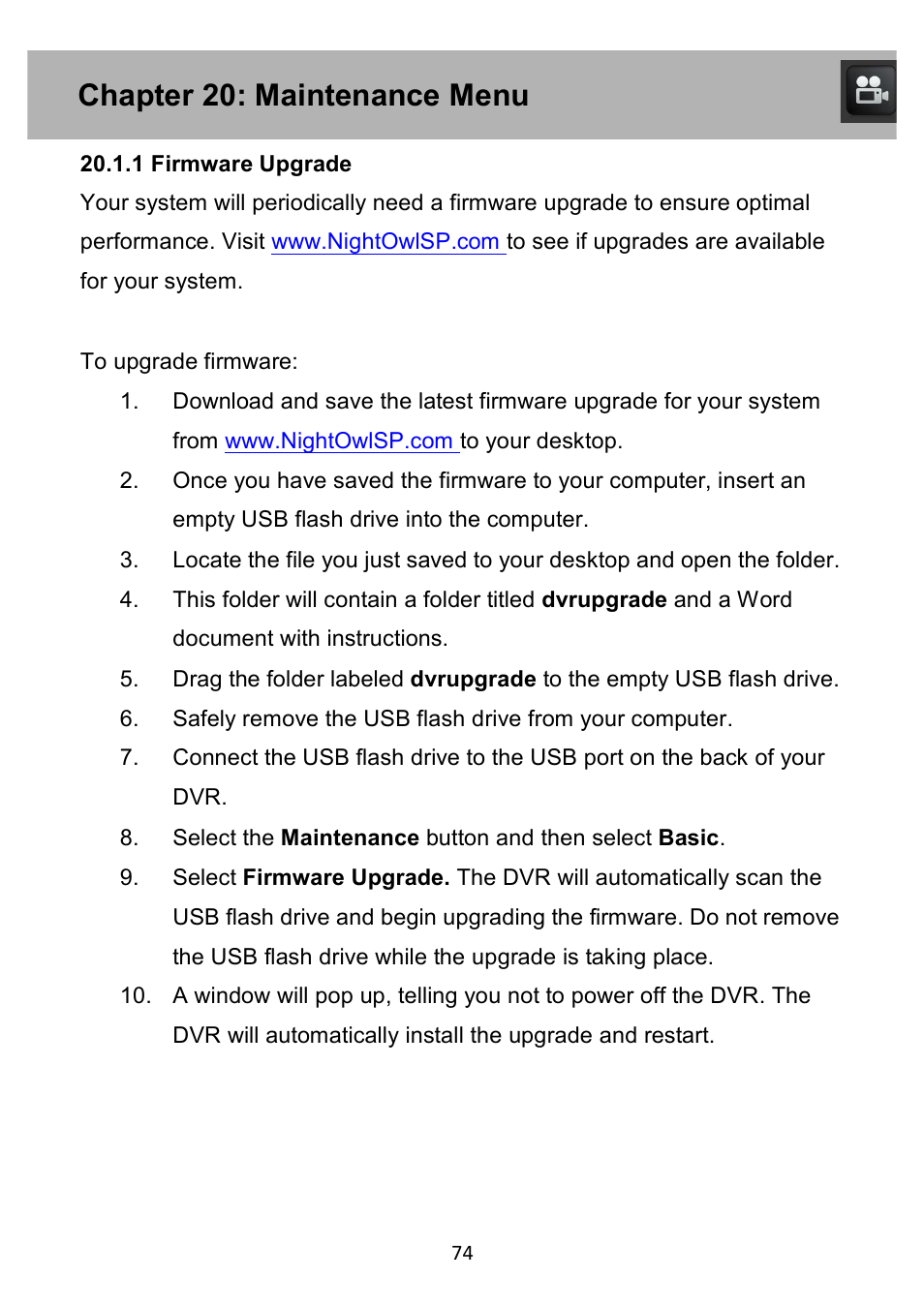 Chapter 20: maintenance menu | Night Owl PE-DVR4 user manual User Manual | Page 74 / 124