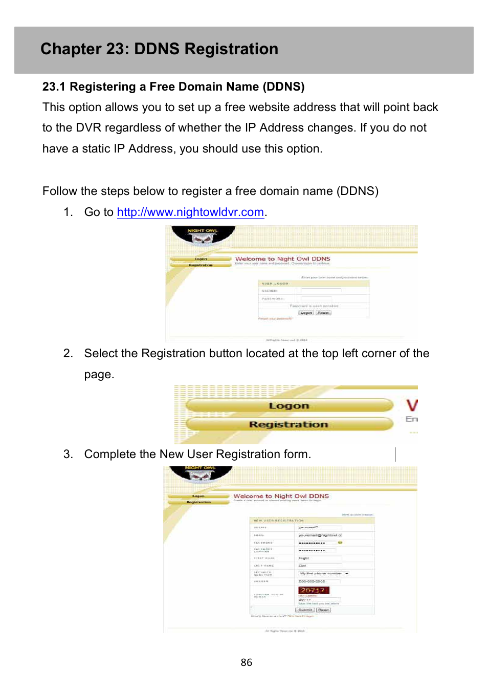 Chapter 23: ddns registration | Night Owl PE-DVR4 user manual User Manual | Page 86 / 124