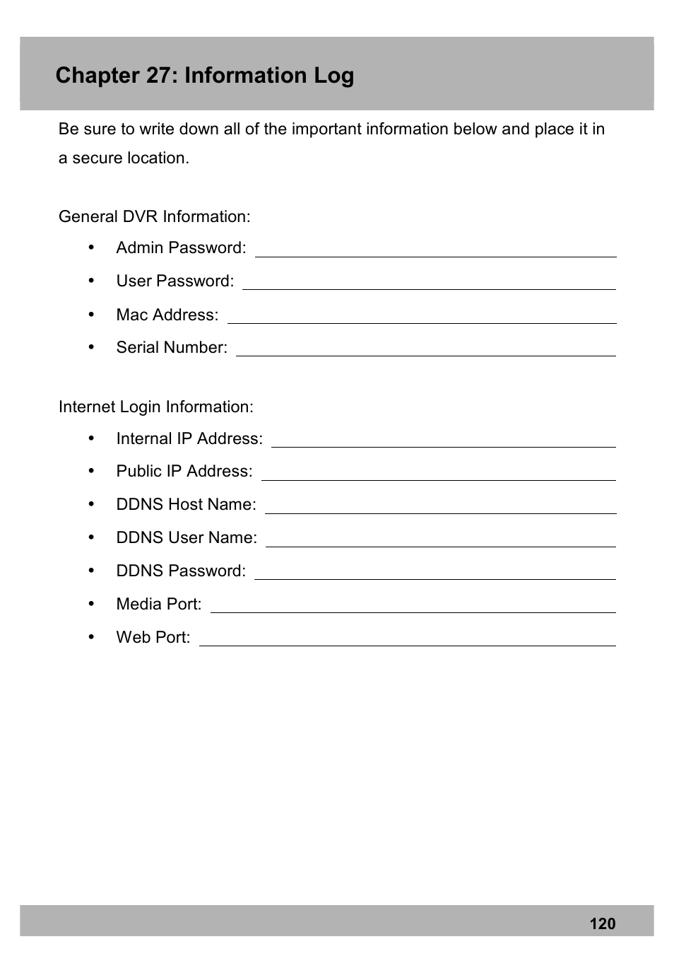 Chapter 25: night owl pro mobile application, Chapter 27: information log | Night Owl X100-DVR4-5GB user manual User Manual | Page 120 / 124