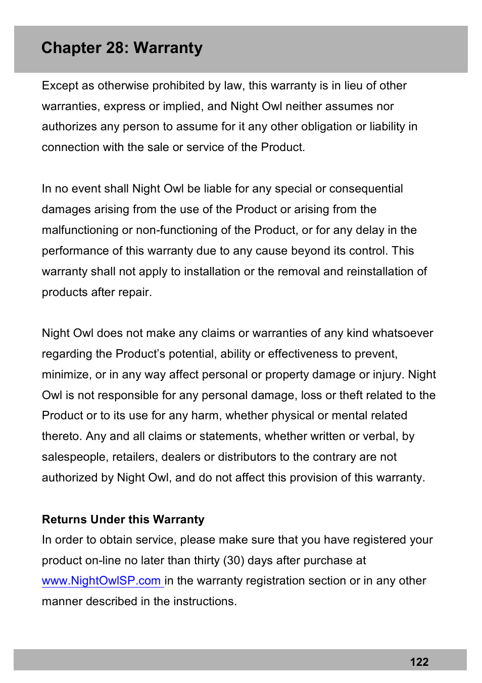 Chapter 28: warranty | Night Owl X100-DVR4-5GB user manual User Manual | Page 122 / 124