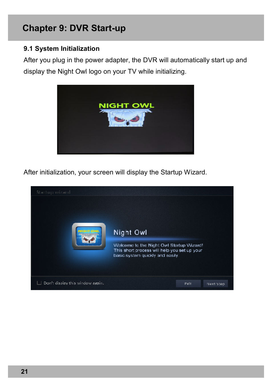 Chapter 9: dvr start-up | Night Owl X100-DVR4-5GB user manual User Manual | Page 21 / 124