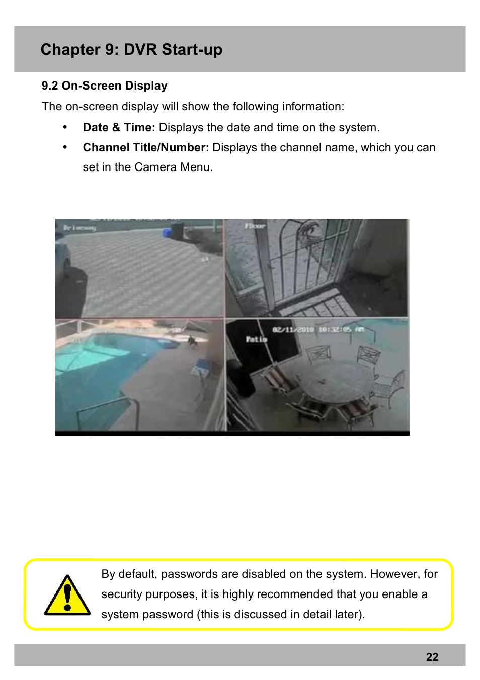 Chapter 9: dvr start-up | Night Owl X100-DVR4-5GB user manual User Manual | Page 22 / 124