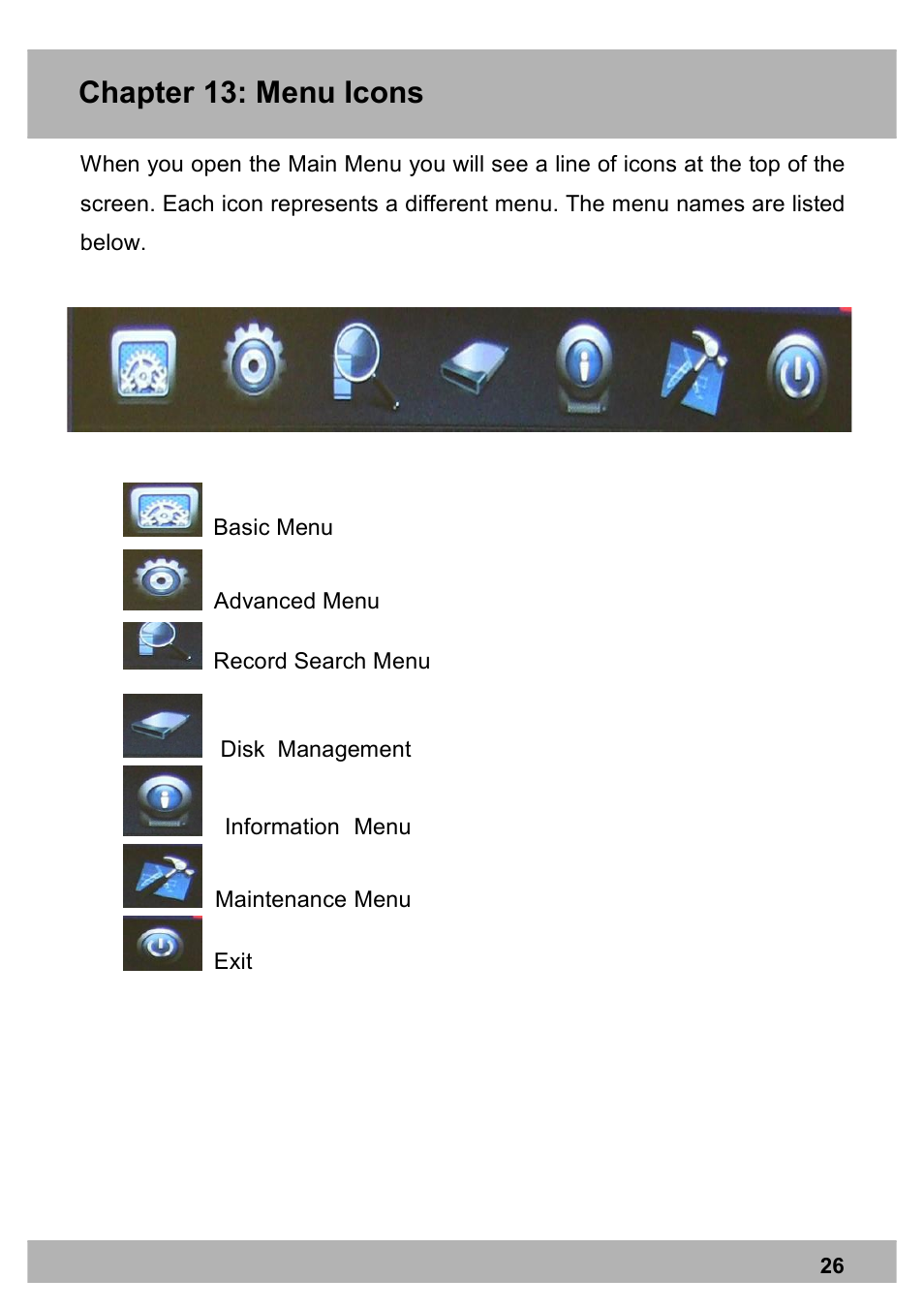 Chapter 13: menu icons | Night Owl X100-DVR4-5GB user manual User Manual | Page 26 / 124