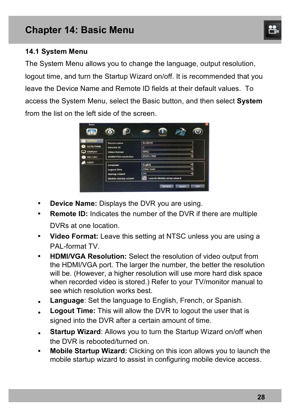 Chapter 14: basic menu | Night Owl X100-DVR4-5GB user manual User Manual | Page 28 / 124