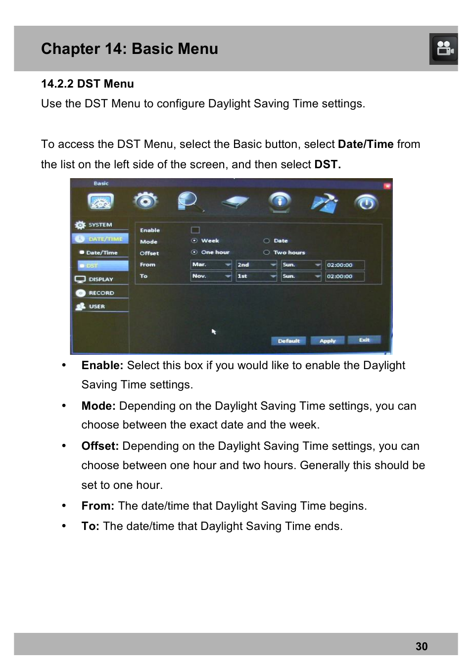 Chapter 14: basic menu | Night Owl X100-DVR4-5GB user manual User Manual | Page 30 / 124