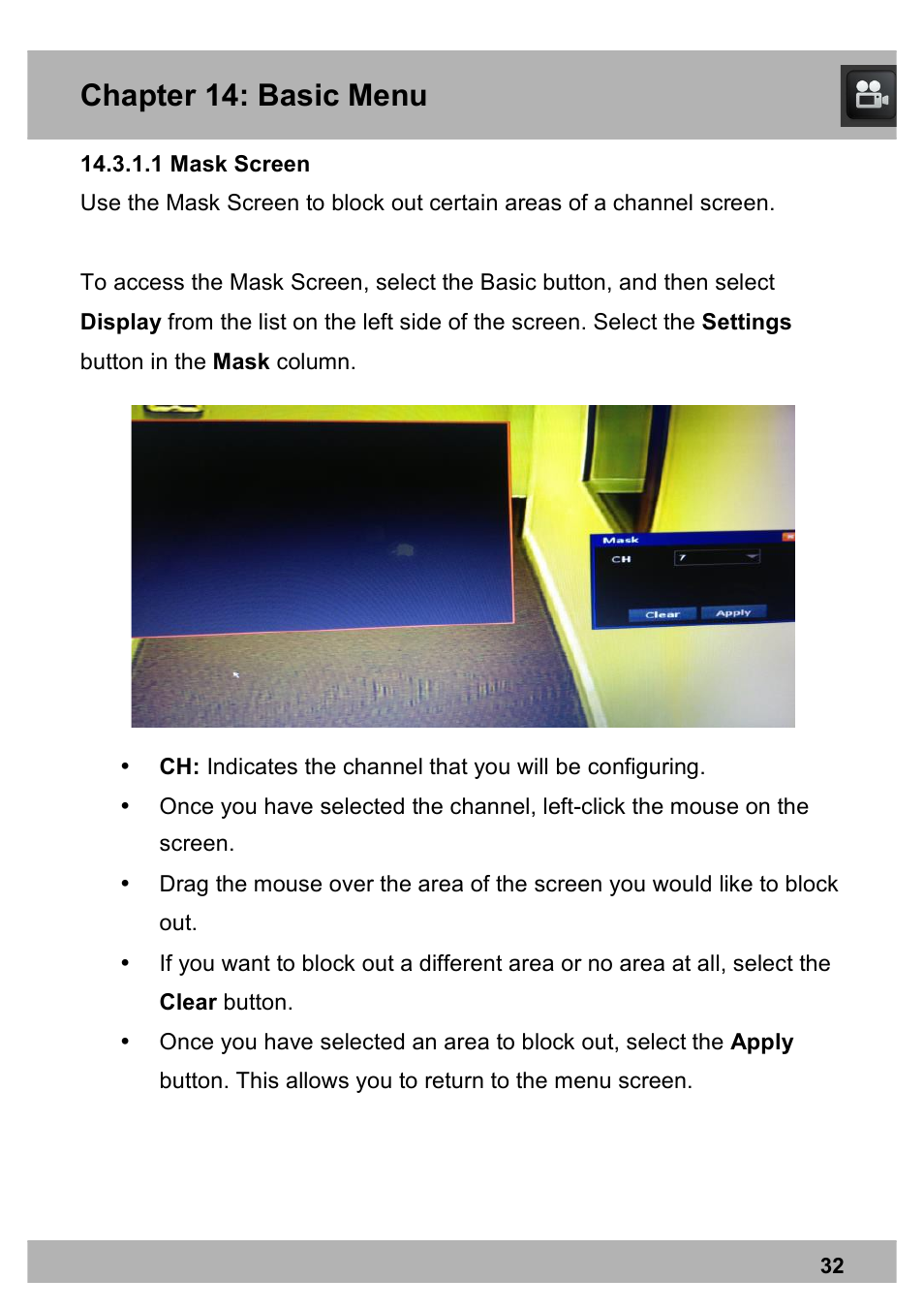Chapter 14: basic menu | Night Owl X100-DVR4-5GB user manual User Manual | Page 32 / 124