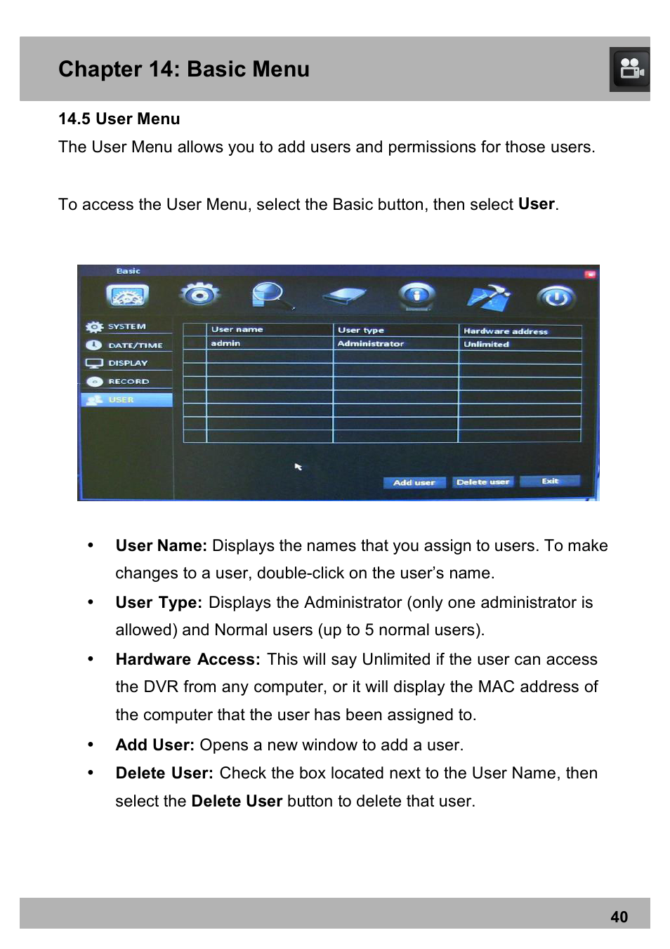 Chapter 14: basic menu | Night Owl X100-DVR4-5GB user manual User Manual | Page 40 / 124