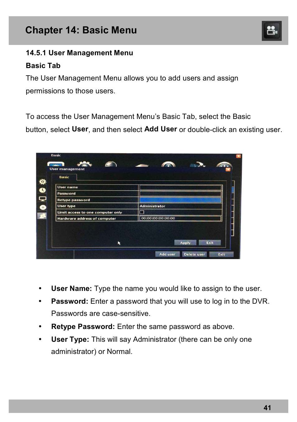 Chapter 14: basic menu | Night Owl X100-DVR4-5GB user manual User Manual | Page 41 / 124