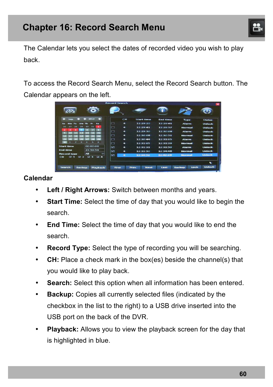 Chapter 16: record search menu | Night Owl X100-DVR4-5GB user manual User Manual | Page 60 / 124