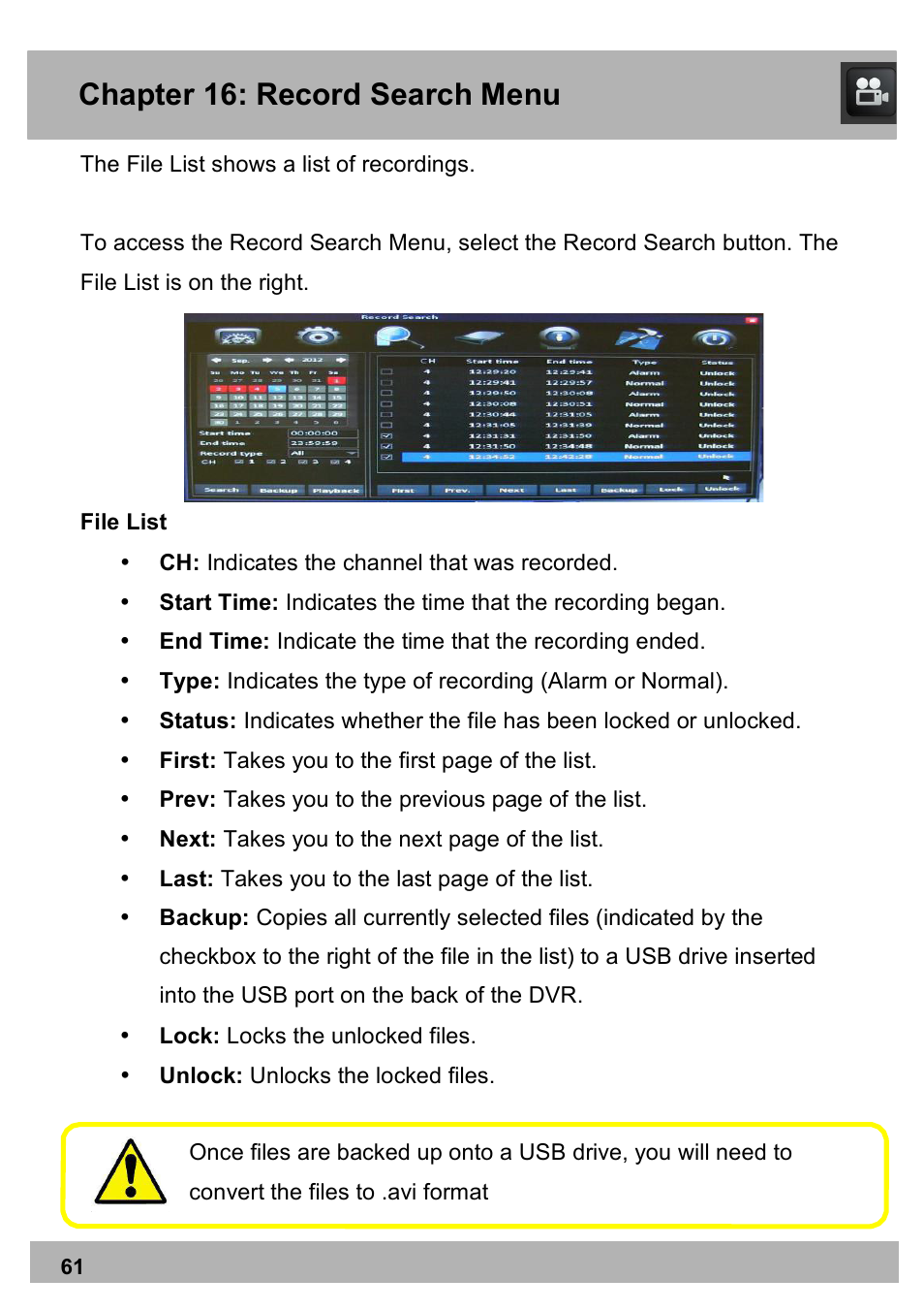 Chapter 16: record search menu | Night Owl X100-DVR4-5GB user manual User Manual | Page 61 / 124