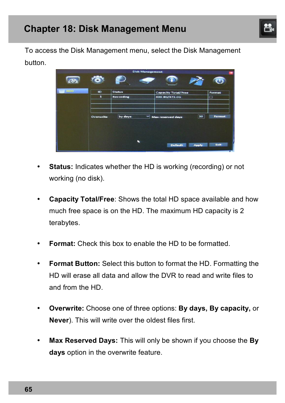 Chapter 16: record search menu, Chapter 18: disk management menu | Night Owl X100-DVR4-5GB user manual User Manual | Page 65 / 124