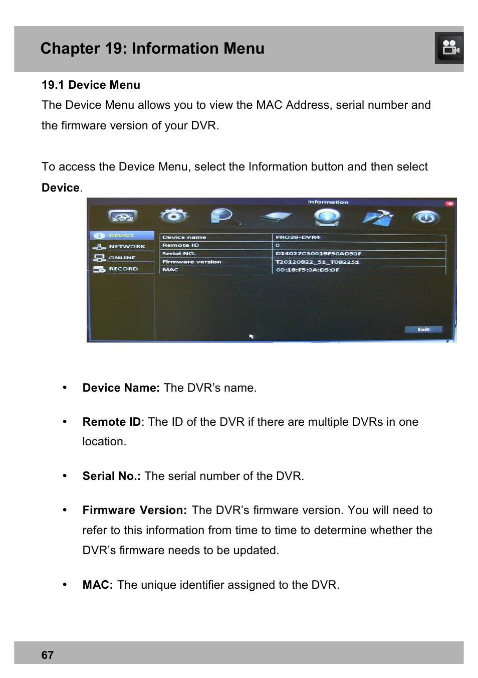 Chapter 19: information menu | Night Owl X100-DVR4-5GB user manual User Manual | Page 67 / 124