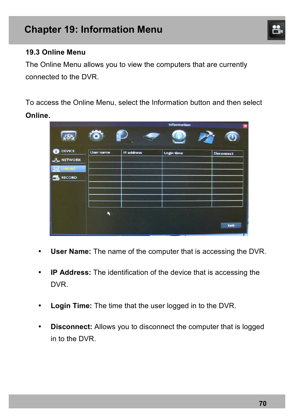 Chapter 19: information menu | Night Owl X100-DVR4-5GB user manual User Manual | Page 70 / 124