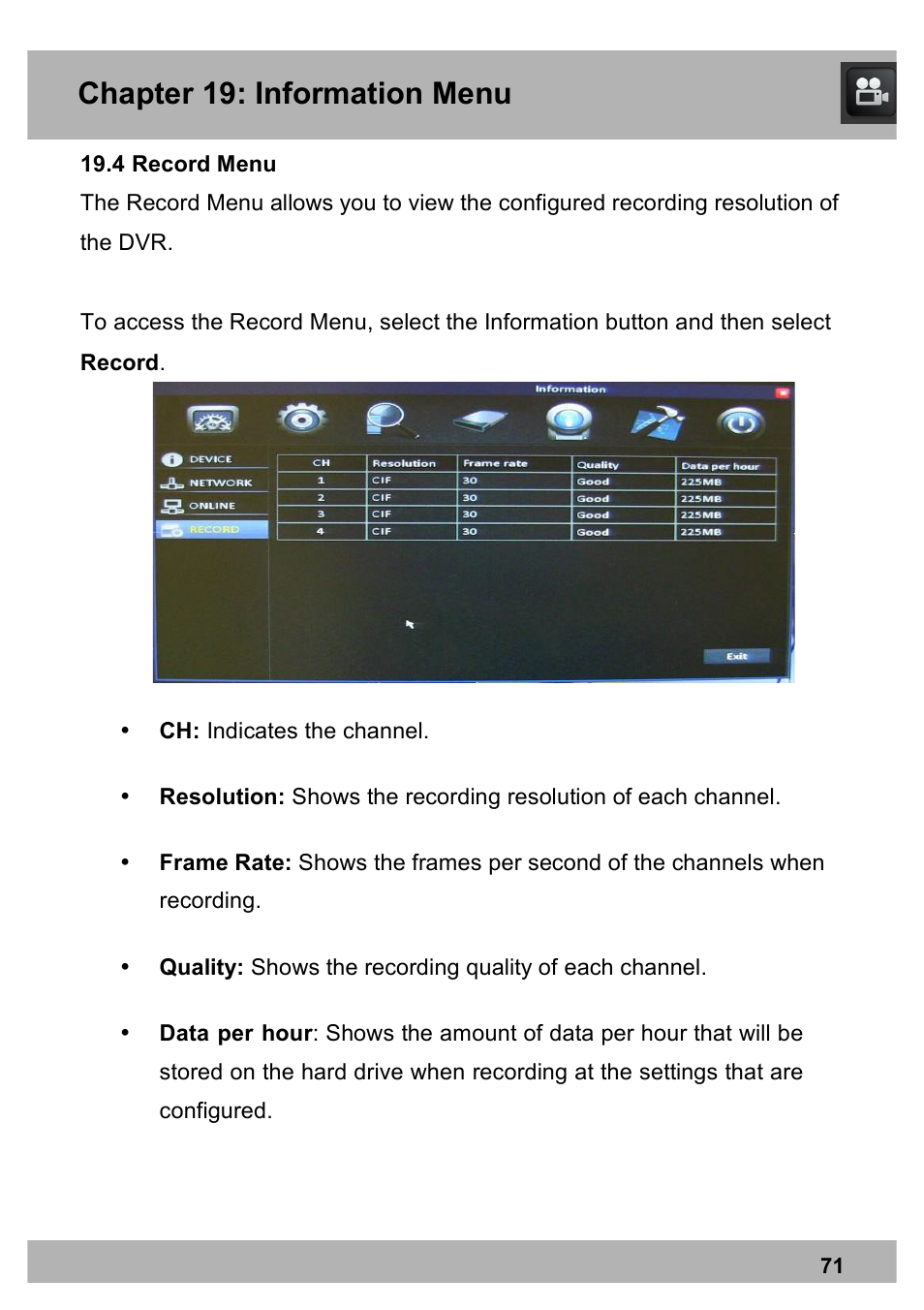 Chapter 19: information menu | Night Owl X100-DVR4-5GB user manual User Manual | Page 71 / 124