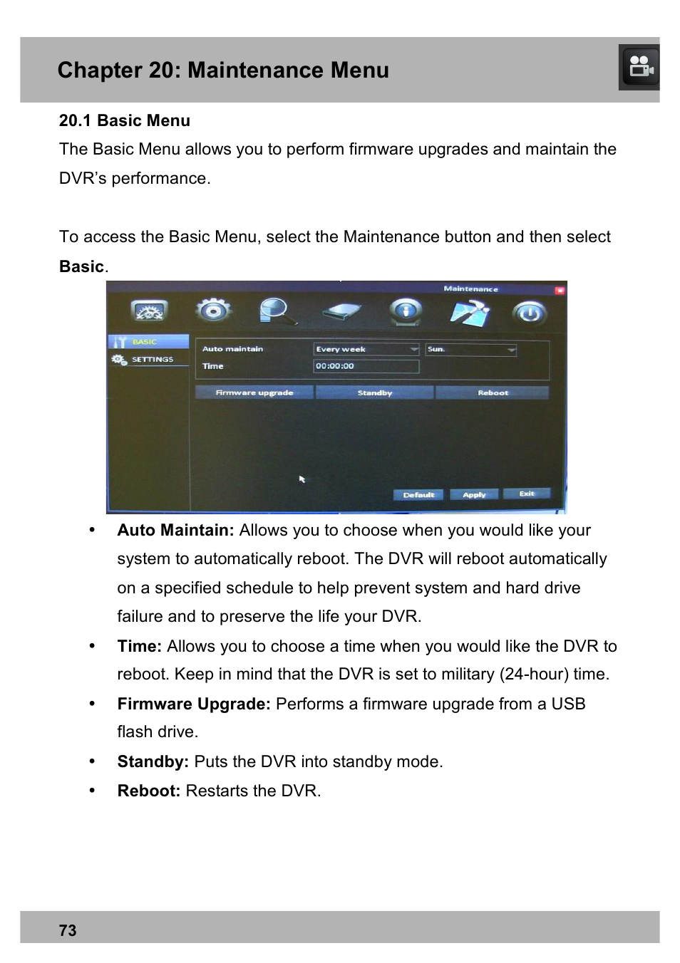 Chapter 20: maintenance menu | Night Owl X100-DVR4-5GB user manual User Manual | Page 73 / 124