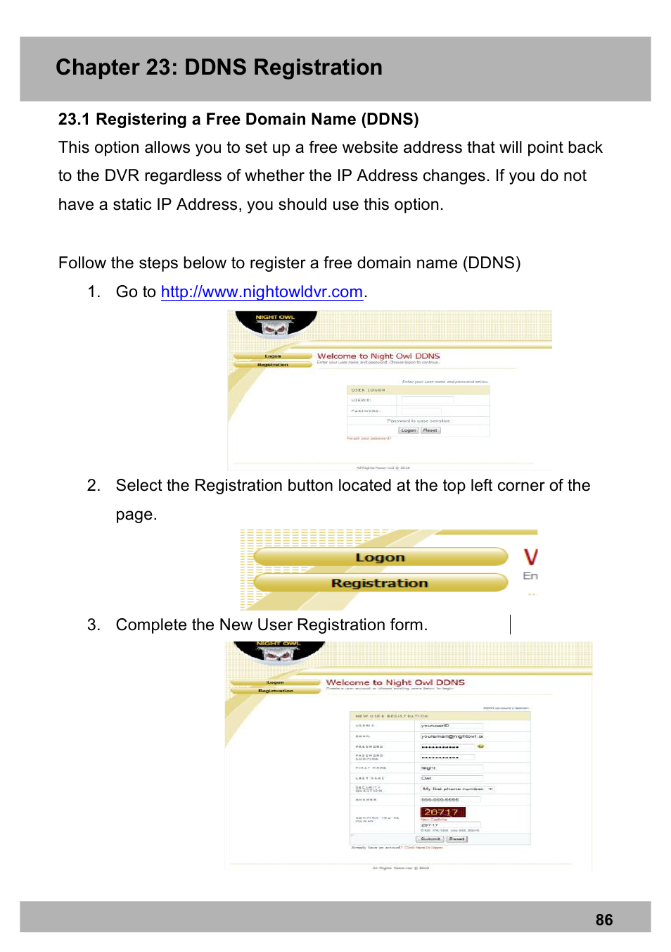 Chapter 23: ddns registration | Night Owl X100-DVR4-5GB user manual User Manual | Page 86 / 124