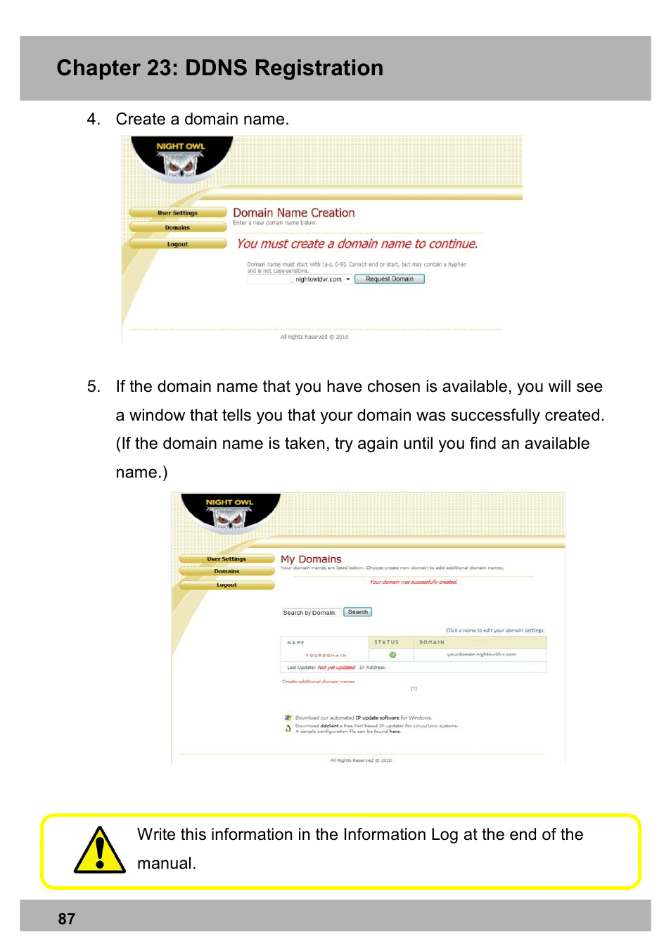 Chapter 23: ddns registration | Night Owl X100-DVR4-5GB user manual User Manual | Page 87 / 124