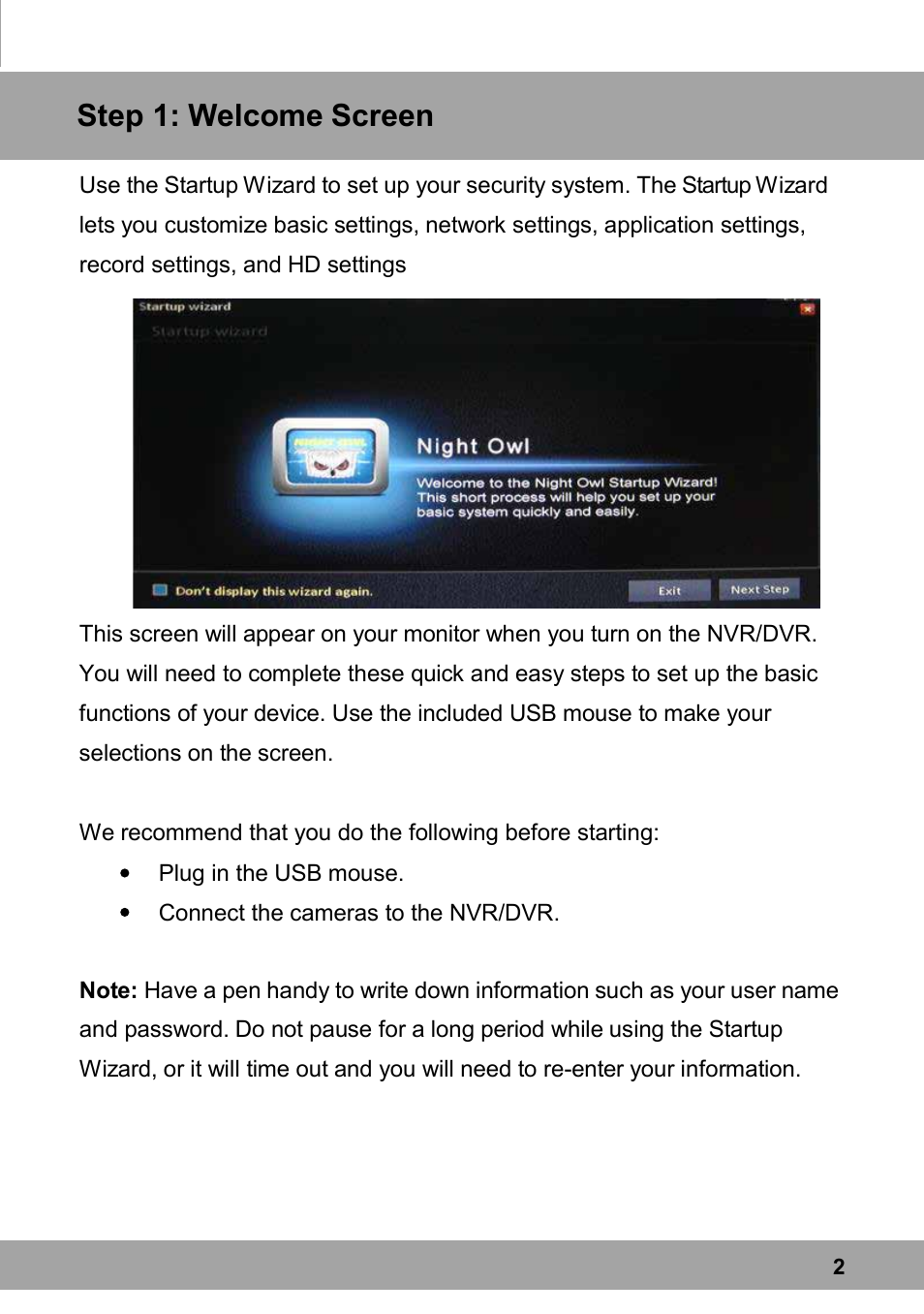 Step 1: welcome screen | Night Owl X100-DVR16-2TB startup User Manual | Page 2 / 10