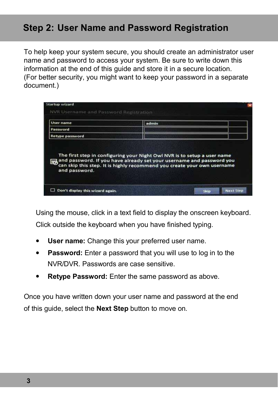 Step 2, User name and password registration | Night Owl X100-DVR16-2TB startup User Manual | Page 3 / 10