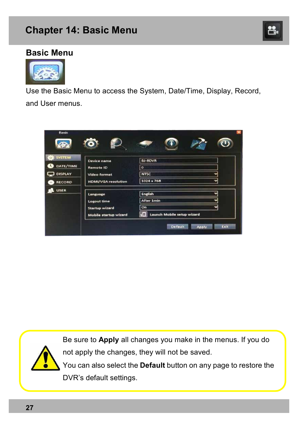 Chapter 14: basic menu | Night Owl X9-88-2TB user manual User Manual | Page 27 / 124