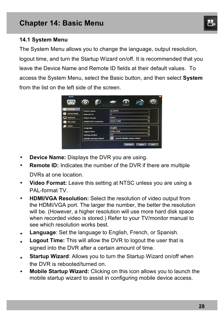 Chapter 14: basic menu | Night Owl X9-88-2TB user manual User Manual | Page 28 / 124