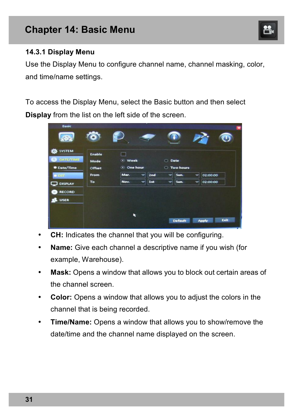 Chapter 14: basic menu | Night Owl X9-88-2TB user manual User Manual | Page 31 / 124