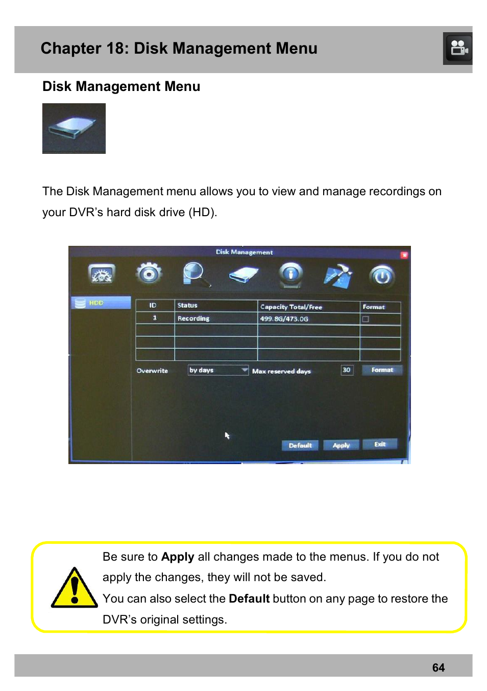 Chapter 18: disk management menu, Disk management menu | Night Owl X9-88-2TB user manual User Manual | Page 64 / 124