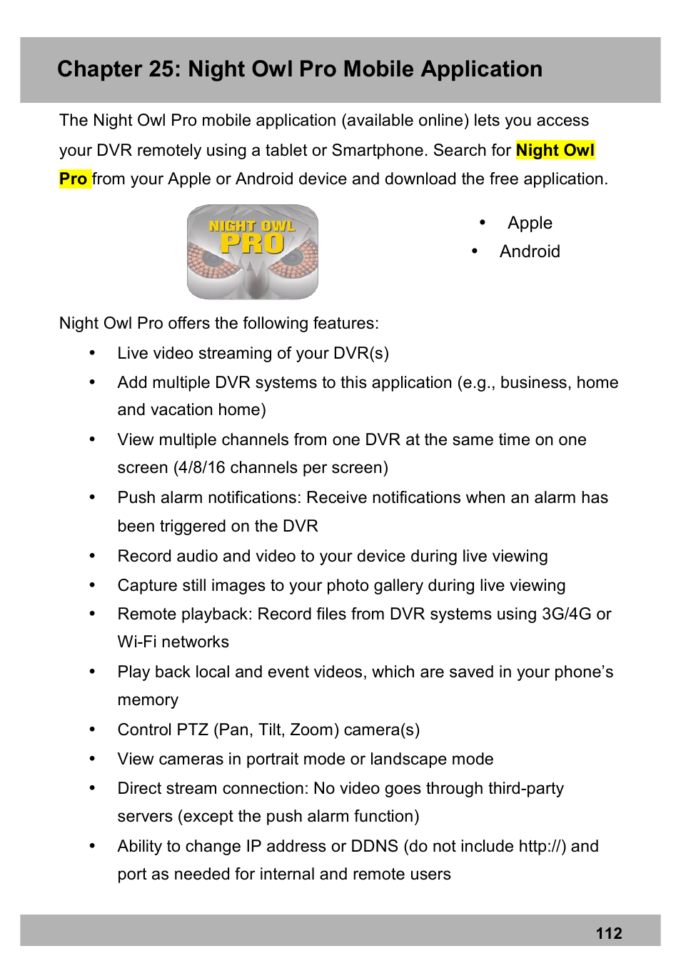 Chapter 25: night owl pro mobile application | Night Owl PE-DVR8 user manual User Manual | Page 112 / 124