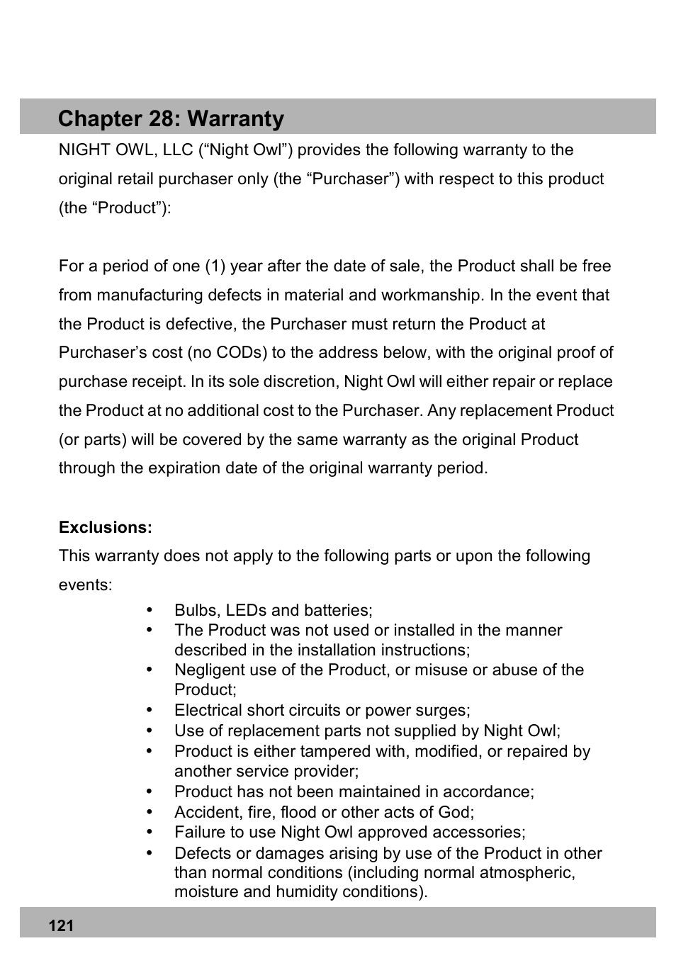 Chapter 28: warranty | Night Owl PE-DVR8 user manual User Manual | Page 121 / 124