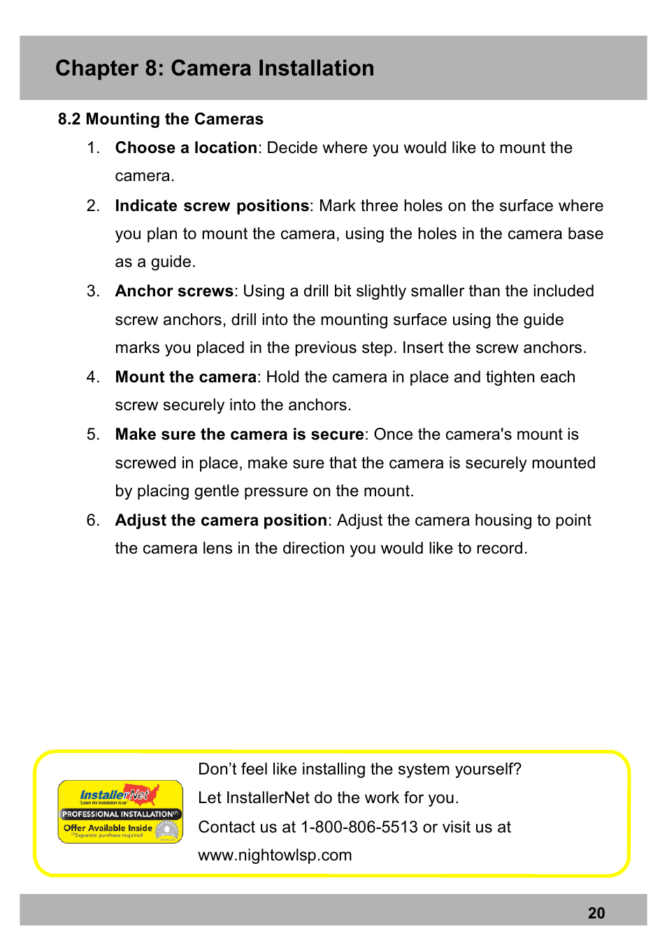 Chapter 8: camera installation | Night Owl PE-DVR8 user manual User Manual | Page 20 / 124