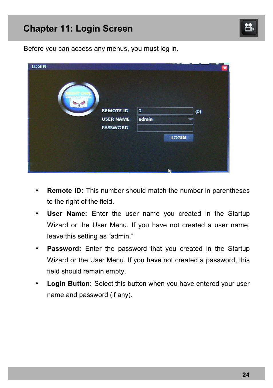 Chapter 11: login screen | Night Owl PE-DVR8 user manual User Manual | Page 24 / 124