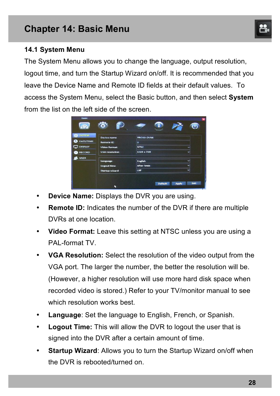 Chapter 14: basic menu | Night Owl PE-DVR8 user manual User Manual | Page 28 / 124