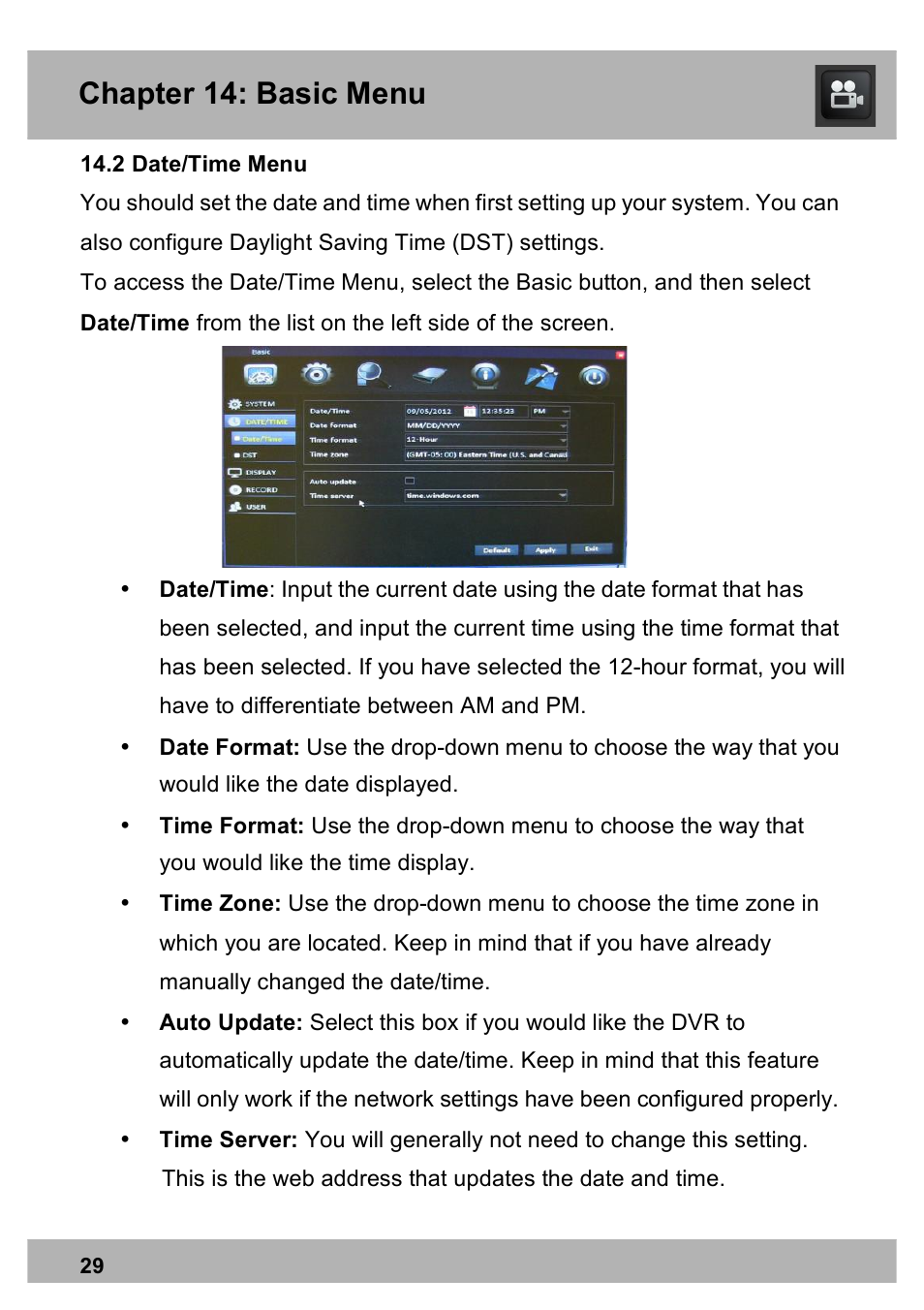 Chapter 14: basic menu | Night Owl PE-DVR8 user manual User Manual | Page 29 / 124