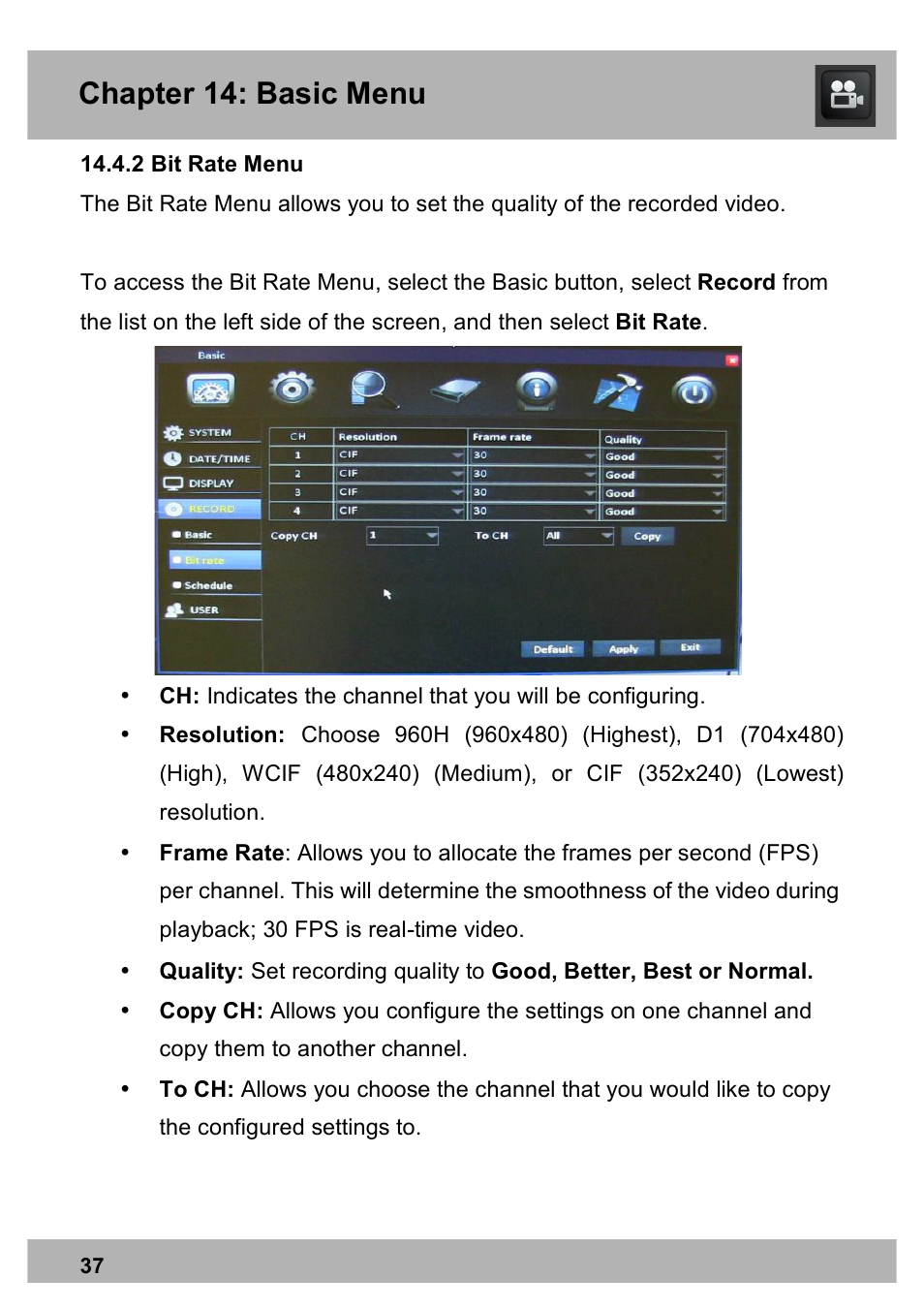 Chapter 14: basic menu | Night Owl PE-DVR8 user manual User Manual | Page 37 / 124