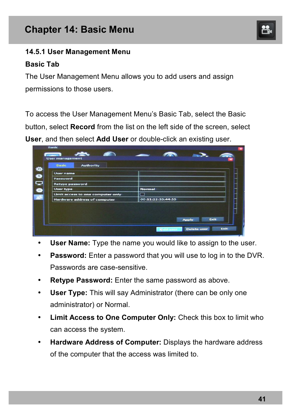 Chapter 14: basic menu | Night Owl PE-DVR8 user manual User Manual | Page 41 / 124