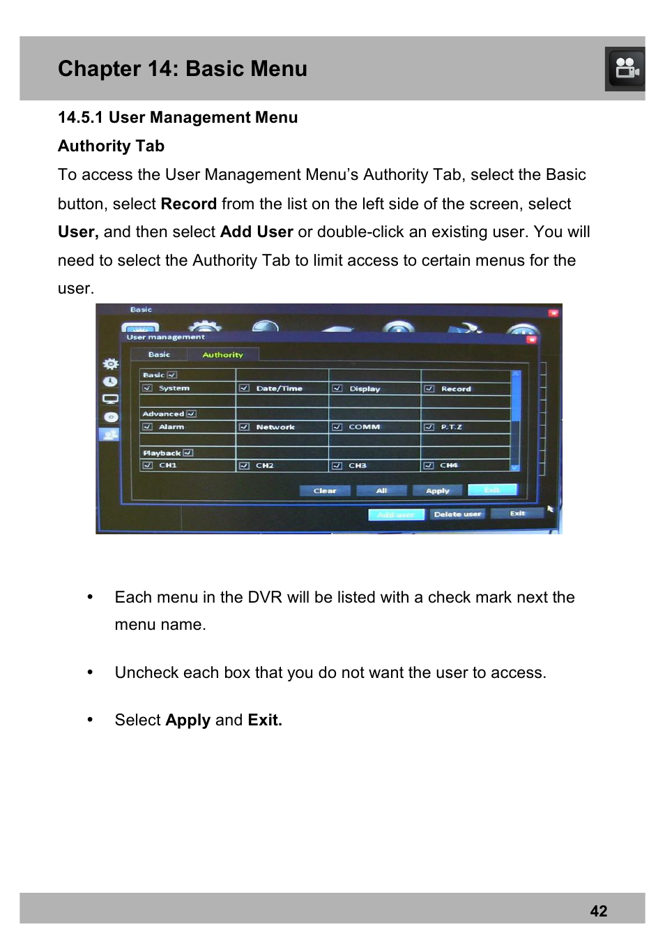 Chapter 14: basic menu | Night Owl PE-DVR8 user manual User Manual | Page 42 / 124