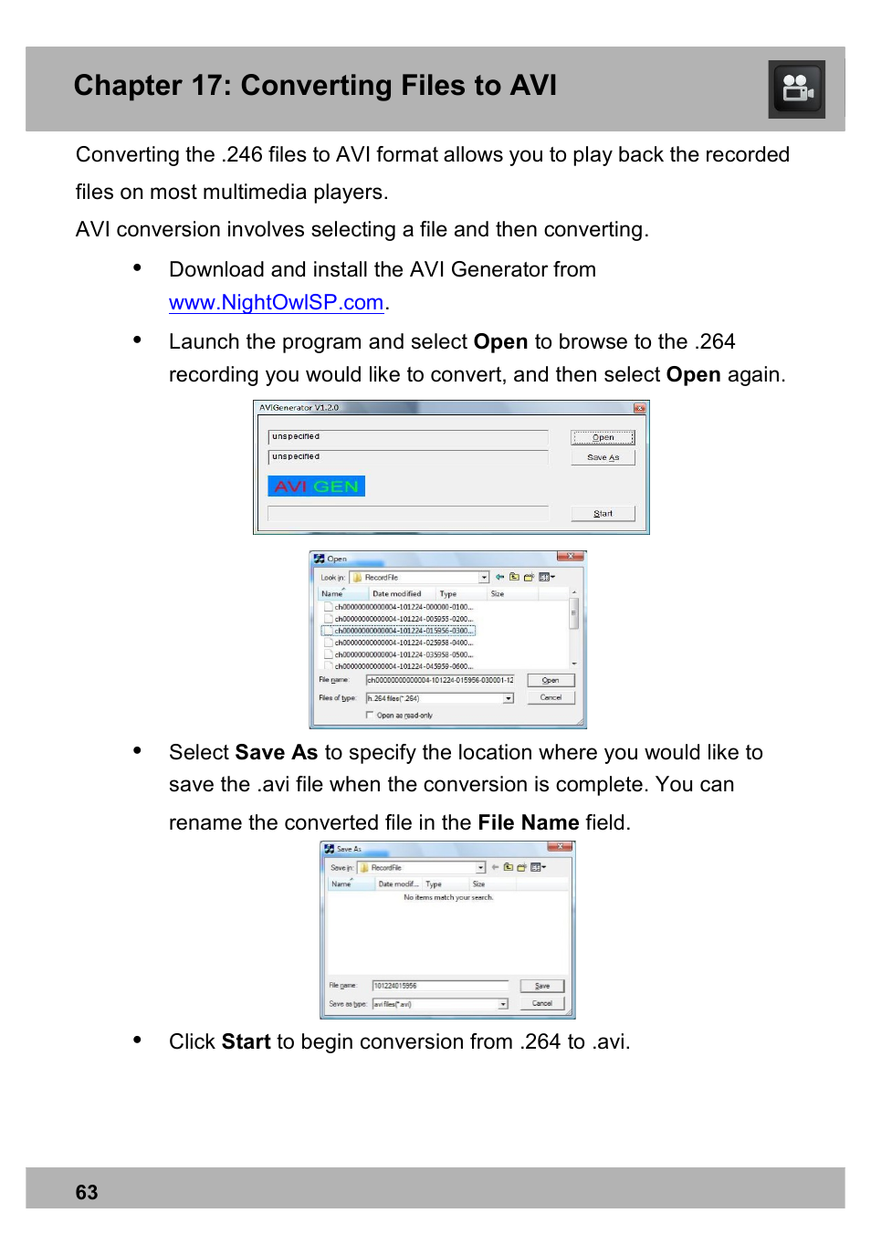 Chapter 16: record search menu, Chapter 17: converting files to avi | Night Owl PE-DVR8 user manual User Manual | Page 63 / 124