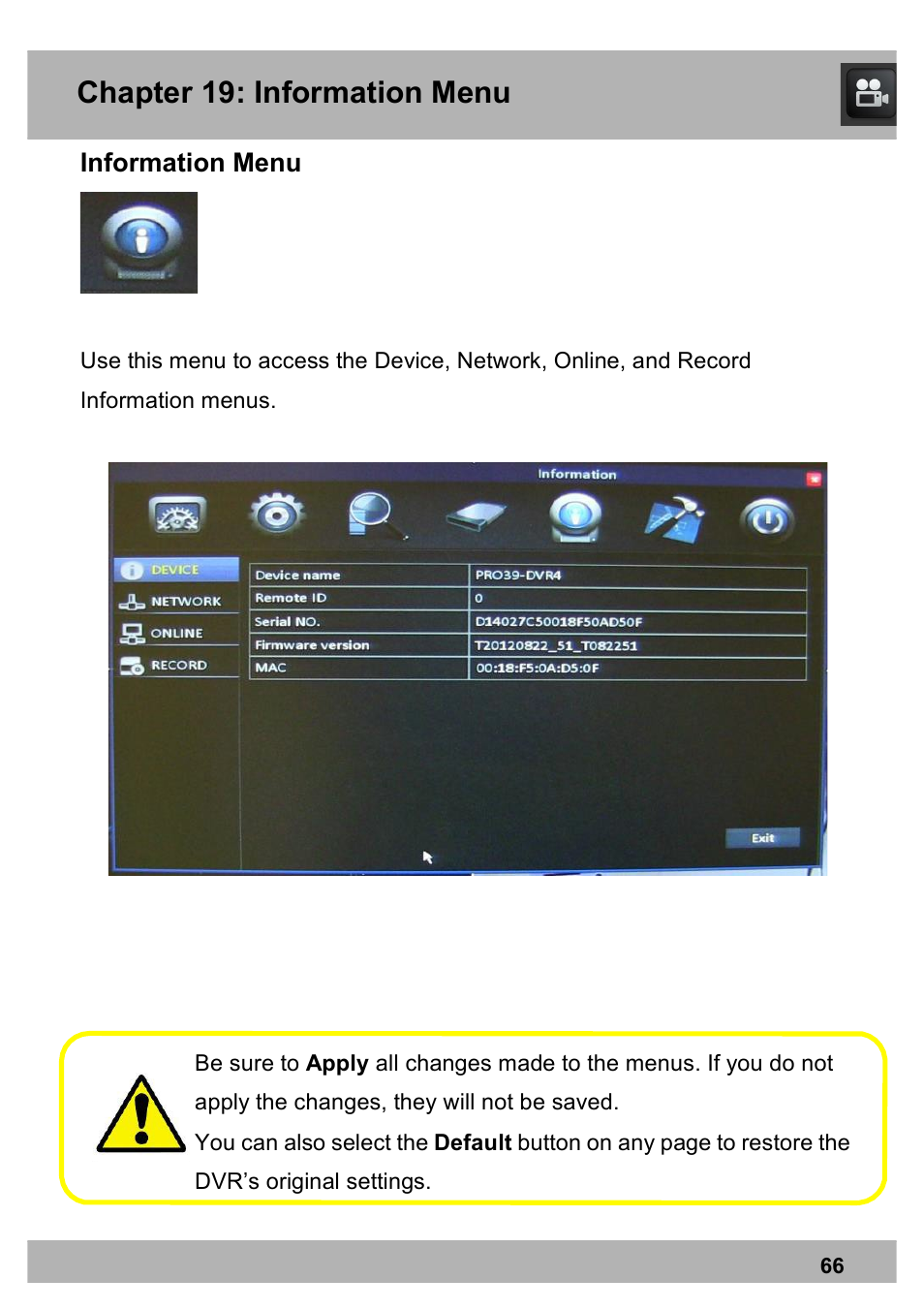 Chapter 19: information menu, Information menu | Night Owl PE-DVR8 user manual User Manual | Page 66 / 124