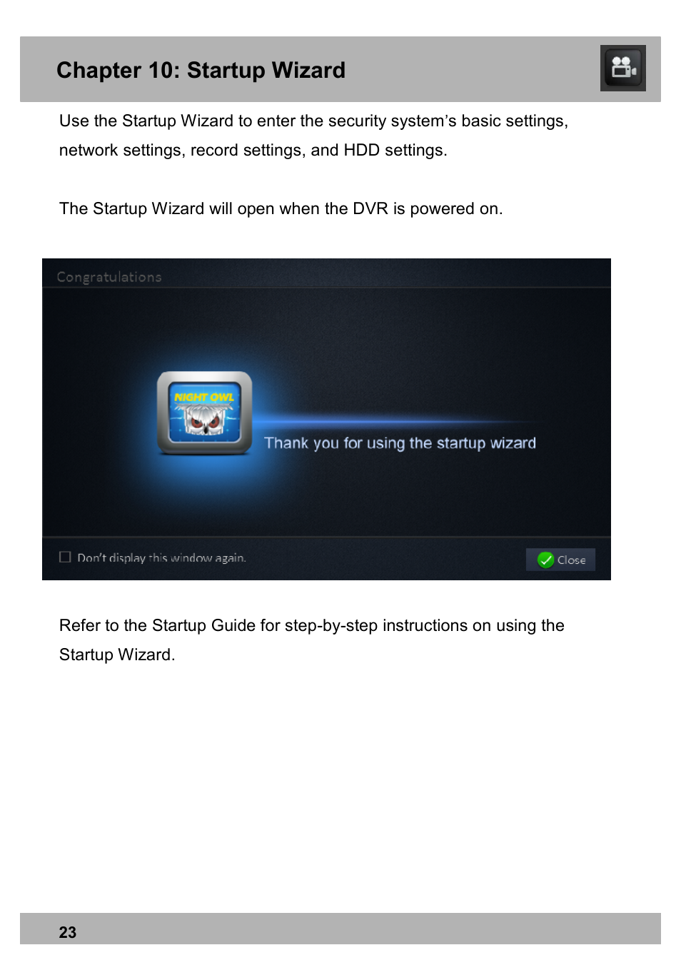 Chapter 10: startup wizard | Night Owl X100-DVR8-5GB user manual User Manual | Page 23 / 124