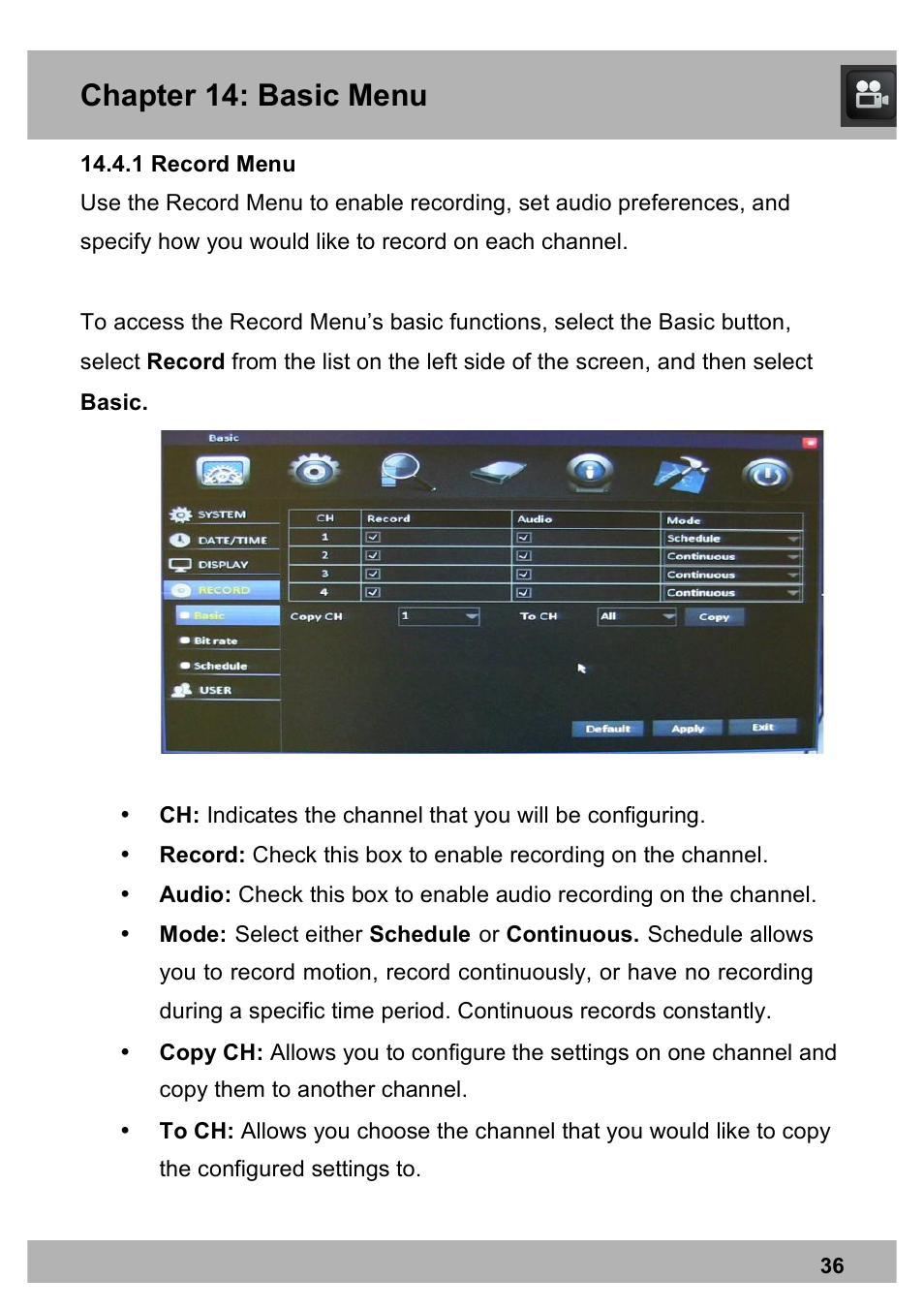 Chapter 14: basic menu | Night Owl X100-DVR8-5GB user manual User Manual | Page 36 / 124