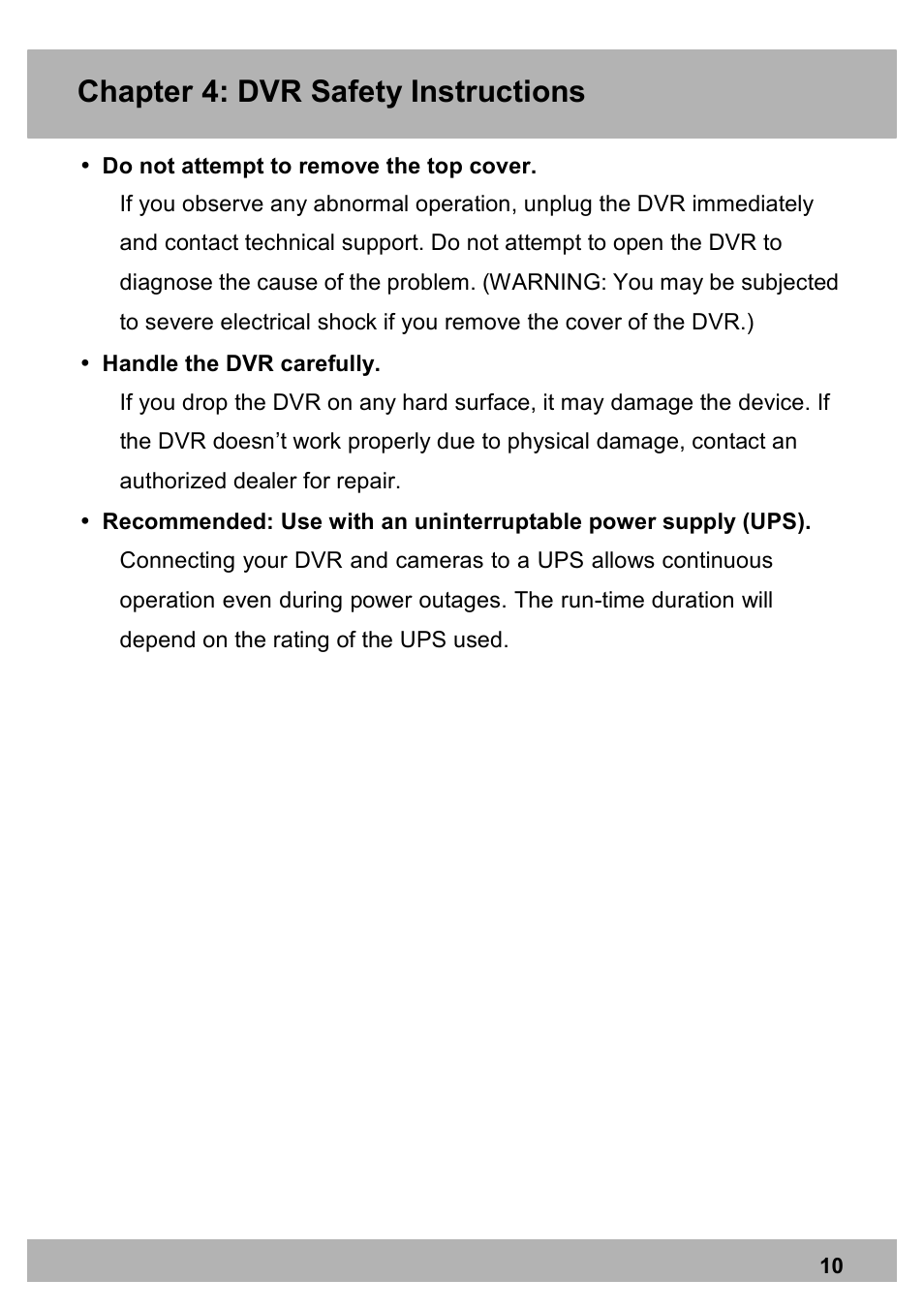 Chapter 4: dvr safety instructions | Night Owl PRO-1681TB-2DMA user manual User Manual | Page 10 / 127