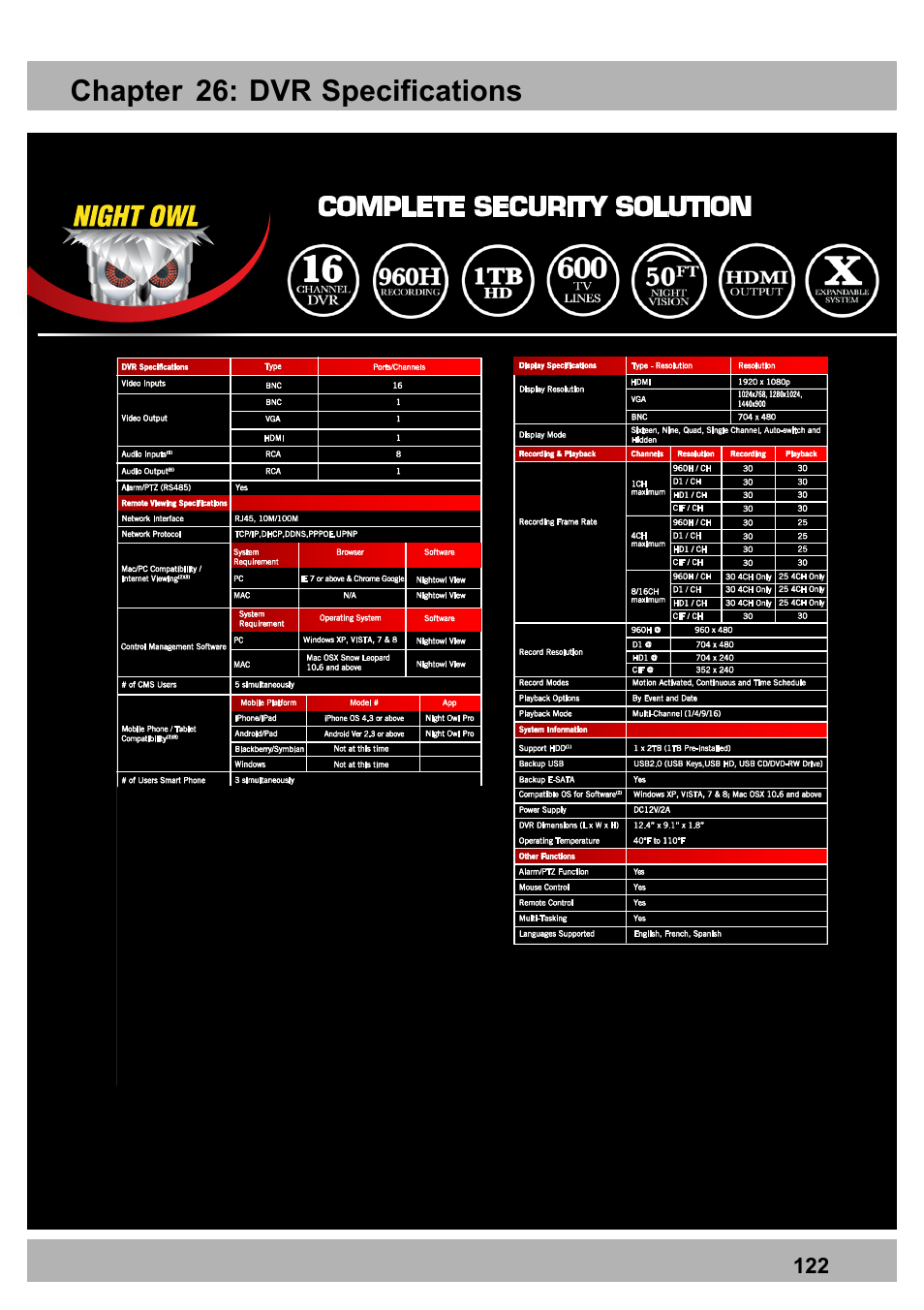 Chapter 26: dvr specifications | Night Owl PRO-1681TB-2DMA user manual User Manual | Page 122 / 127