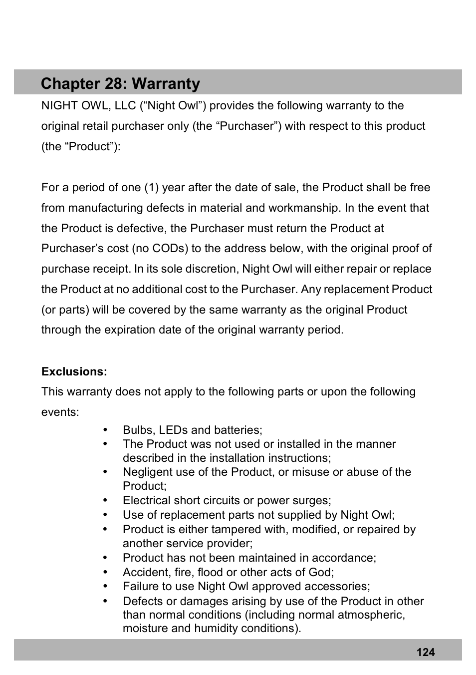 Chapter 28: warranty | Night Owl PRO-1681TB-2DMA user manual User Manual | Page 124 / 127