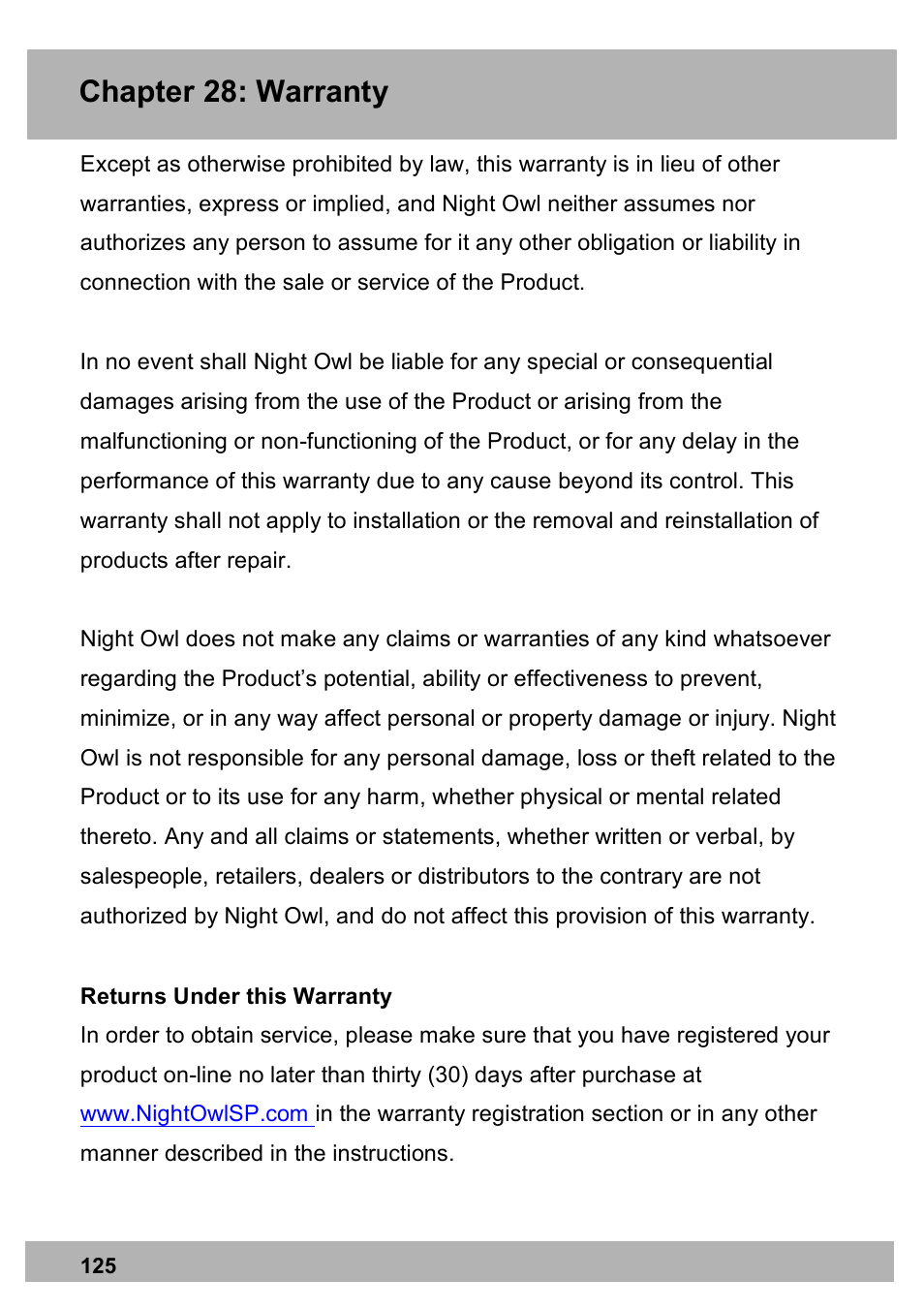 Chapter 28: warranty | Night Owl PRO-1681TB-2DMA user manual User Manual | Page 125 / 127