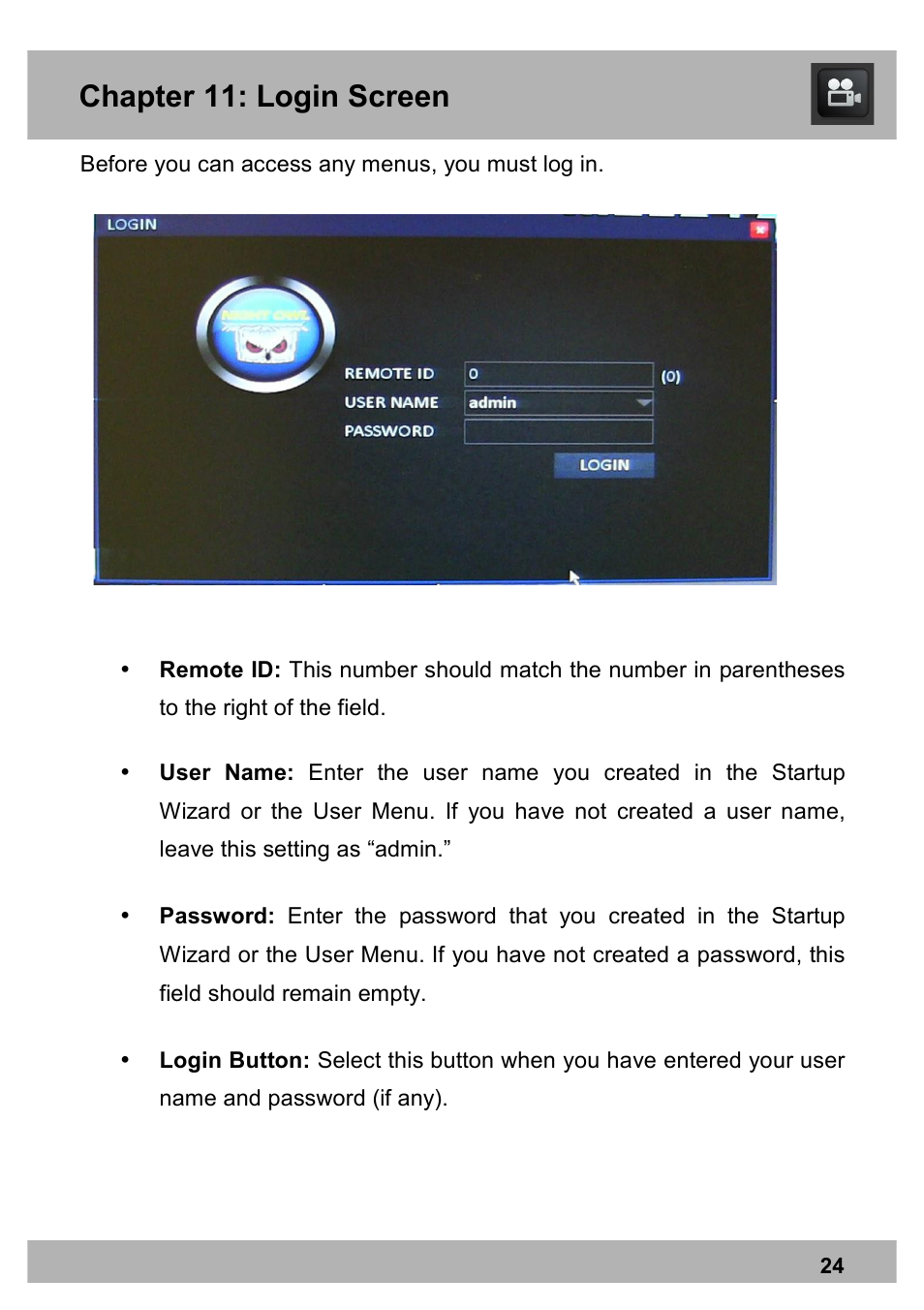 Chapter 11: login screen | Night Owl PRO-1681TB-2DMA user manual User Manual | Page 24 / 127