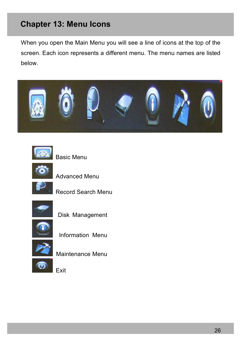 Chapter 13: menu icons | Night Owl PRO-1681TB-2DMA user manual User Manual | Page 26 / 127